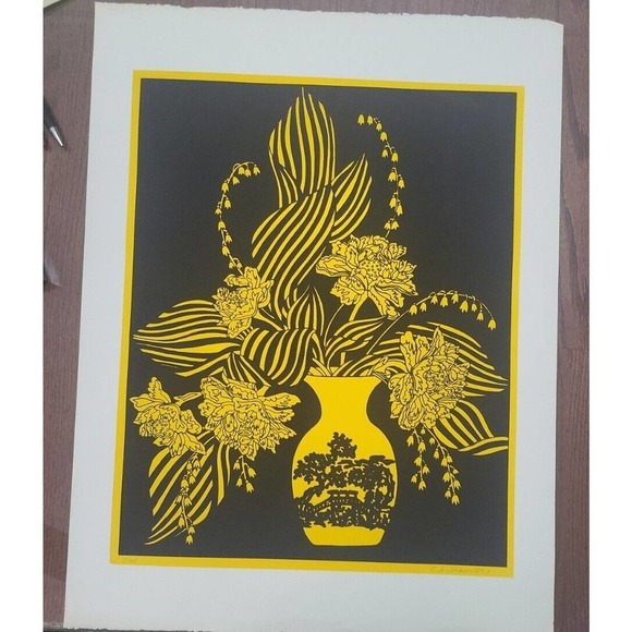 C.S. Shawver Beautiful Yellow Floral Black Background Art Lithograph Print 7/90